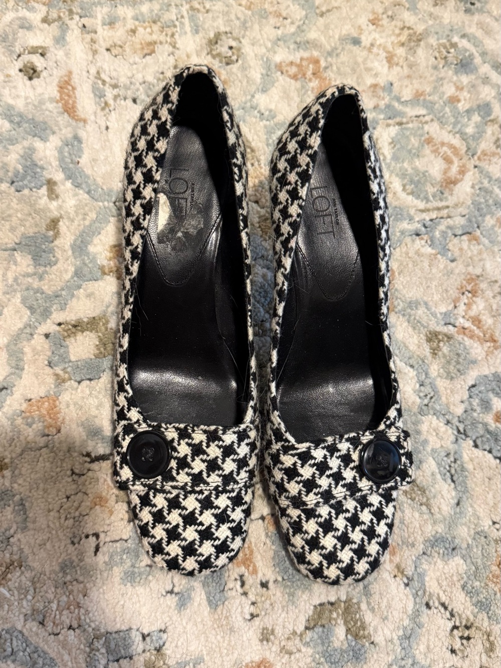 Ann Taylor Black & White Houndstooth Pumps with Button Detail